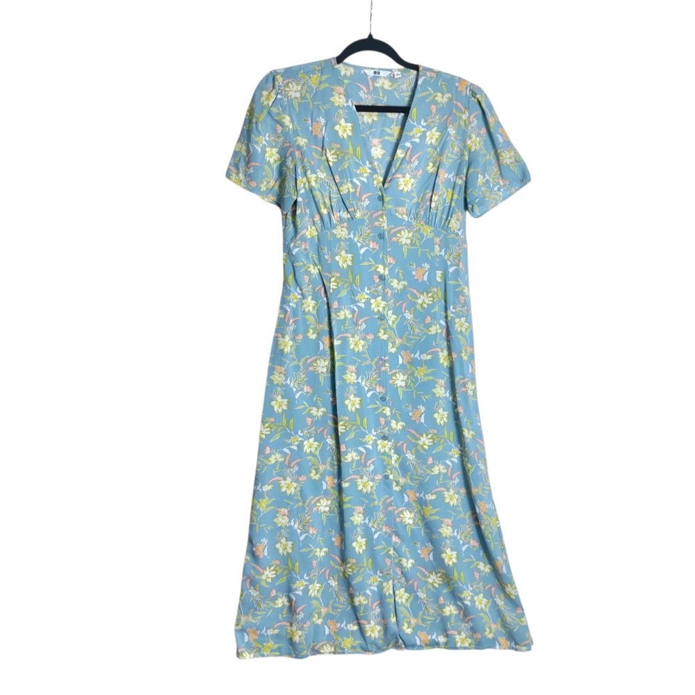 Uniqlo Blue Floral Rayon V-Neck Button Front Midi Dress Womens M
